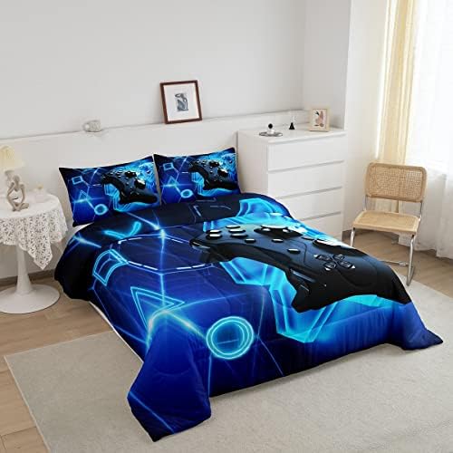 Feelyou Kids Video Games Gamer Reversible Comforter Set for Boys Teens Blue Black Gaming Bedding Set Gaming Comforter Geometric Hexagon Design Quilt Set with 1 Pillowcase 2Pcs Twin Size 4 51ugooSOt4L. AC