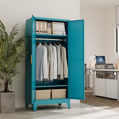 Metal Wardrobe Closet Hanging Rod 71" Tall, Heavy Duty Steel Armoire Wardrobe Cabinet, Clothing Storage Cabinet for Bedroom, Office, Laundry Room, 2 Shelves, Blue