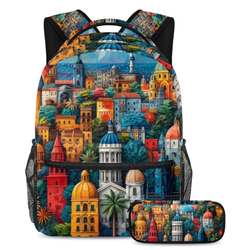 Ensemble cartable 2 pièces avec trousse à crayons motifs bâtiments colorés pour l'école