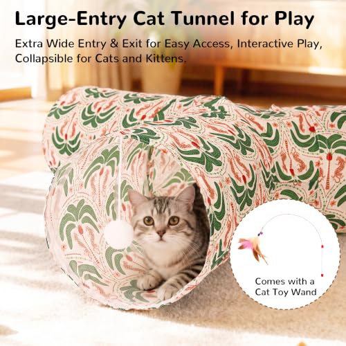 Image of Tempcore Cat Tunnel, 3-Way Collapsible Toy, Large Size Khaki Coconut Tree | Large Size 3-Way Cat Tunnel Provides More Room for Cats to Run, Hide and Chase, with Peek Holes, Hanging Ball and Teaser Wand