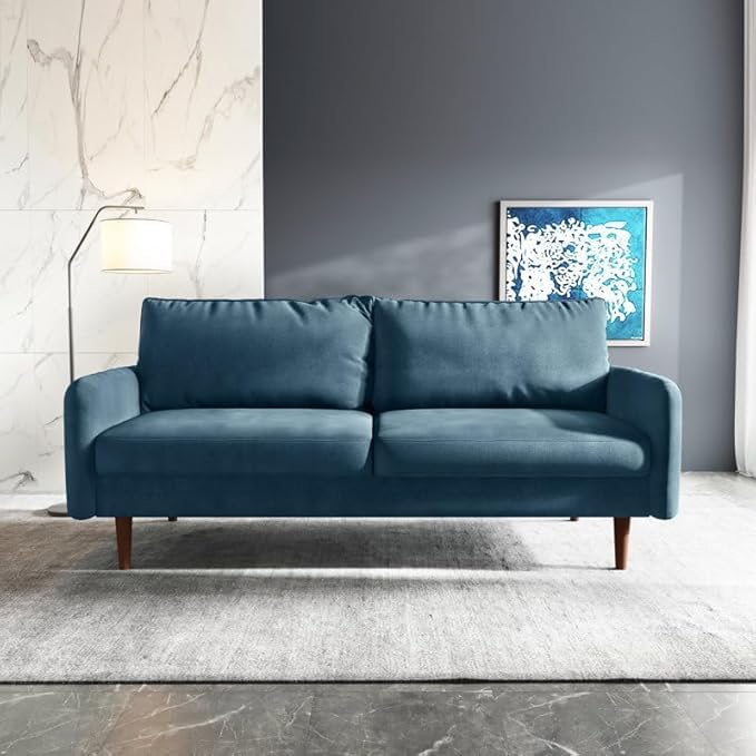 Image of Morrone Velvet Loveseat 3-Seater Sofa, Modern Upholstered Couch for Living Room, Bedroom and Office, Plush Cushion Accent Seating Furniture (Light Blue, 3 Seater)