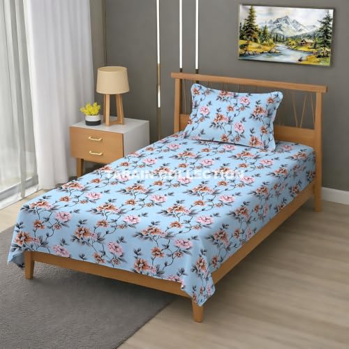 Image of Single Flat Bedsheet 60 x 90 Inch with 1 Pillow Cover, Cotton Blend Soft Breathable Bed Sheet Set for Single Bed, Lightweight Comfortable Bedding for Home Guest Room Daily Use