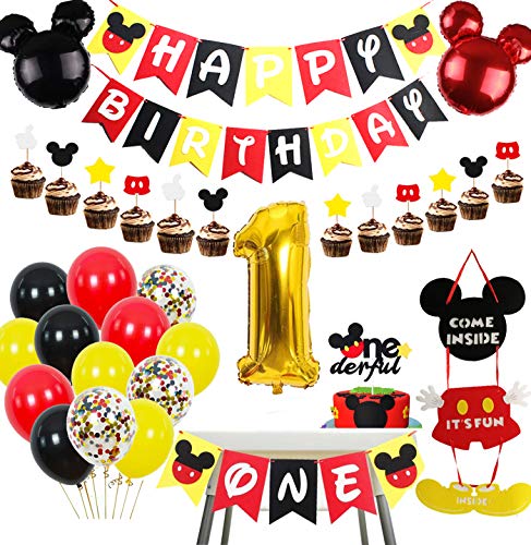 Mickey Mouse 1st Birthday Party Supplies - 55Pcs Mickey and Minnie Themed Party Decorations - Birthday Banner,One Highchair Banner,Welcome Hanger Door Sign, Cake Cupcake Toppers,Mickey Head Balloons, 12 Latex Balloon