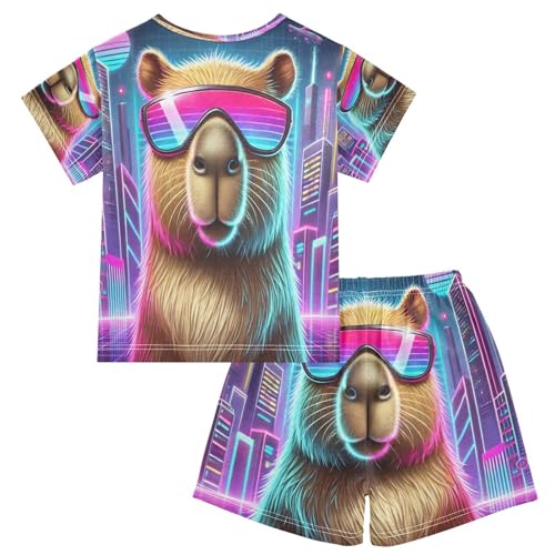 Capybara Cyber City Pajama Set Short Sleeve Summer Pajamas Sleepwear Nightwear Set Cotton 5Y2