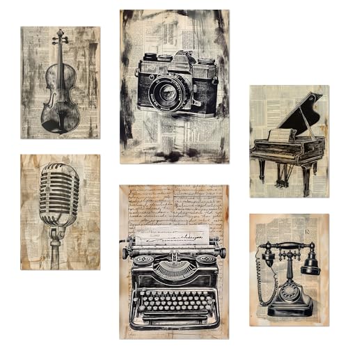 Nacnic Set De 6 Vintage Love. Camera, Micro, Piano, Violin, Telephone Pósters Con Ilustración De Diseño Para Decorar Las Paredes Del Hogar Habitaciones, Oficina Tienda Y Negocio A3 Y A4 Sin Marco