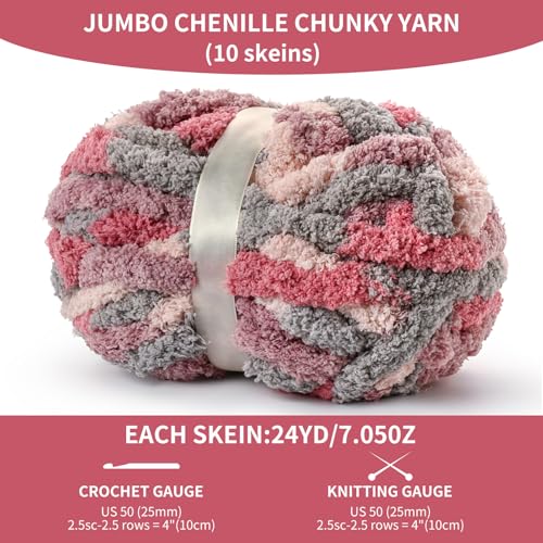 Image of 10 Pack Jumbo Chunky Yarn for Hand Knitting, Fluffy Variegated Chunky Chenille Yarn for Crocheting, 240yds /70.5oz Super Bulky Soft Crochet Baby Blanket Yarn(Grey-Pink-Purple)
