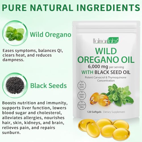 Oreganoöl 120 Softgels – 2-in-1 6000 mg Oreganoöl mit Schwarzsamenöl 200 mg – 165 mg Carvacrol – natürlich und gentechnikfrei – hochwirksame Immun- und Verdauungsunterstützung