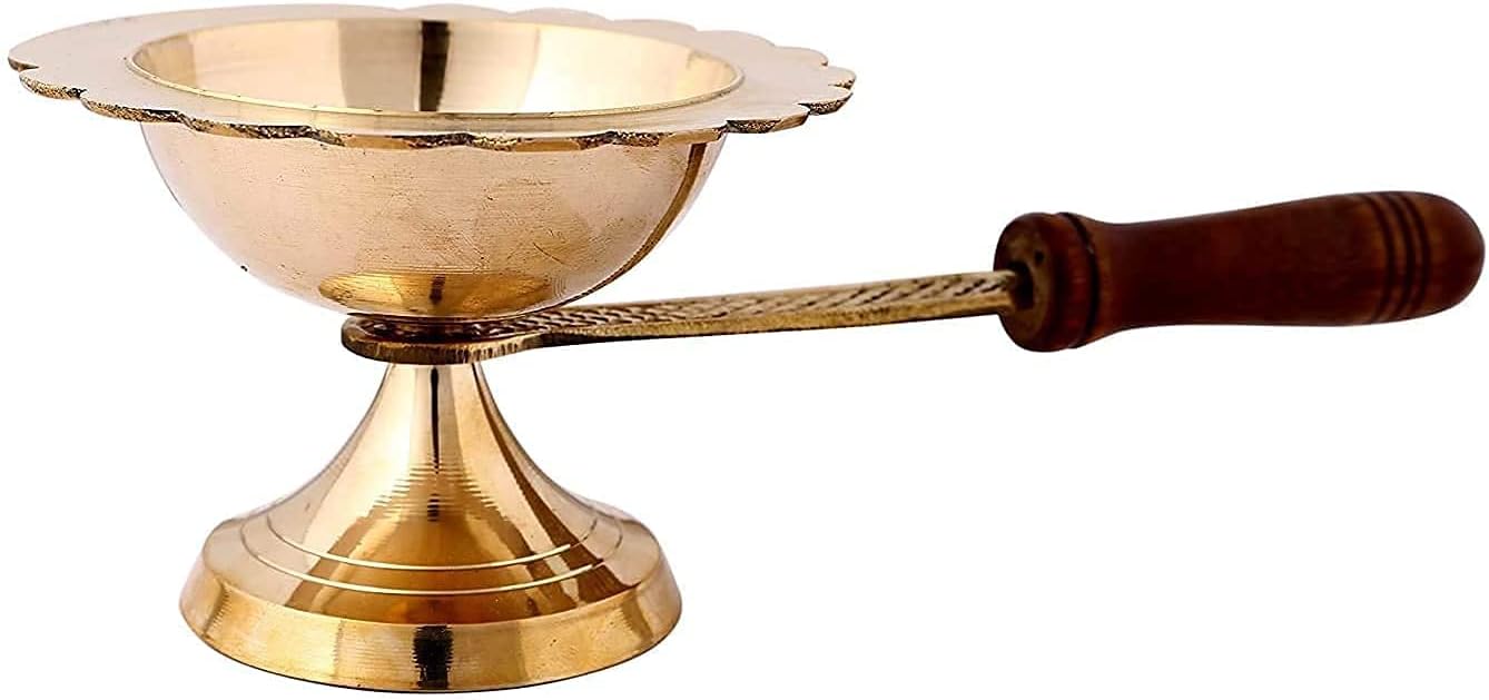 Long Wooden Handle Brass 5 Face Deepak Aarti Oil Lamp with Handle (Gold_4.5 x 2 Inch)