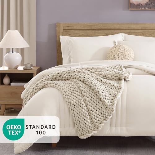 Image of Full Size Comforter Set-7 Pieces White Soft Bed in a Bag Full Bedding Sets | Monbix All-Season Vertical Quilted Comforter with Sheets, Pillow Shams & Pillowcases