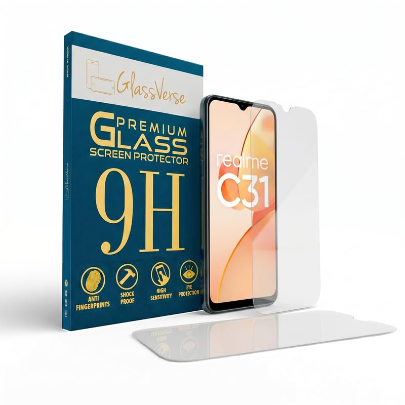 Image of GlassVerse PureView Tempered Glass for Realme C31 | Crystal Clear, 9H Hardness Screen Protector, Edge to Edge, Case Friendly, Hassle-less Installation Kit Included. (Pack of 2)
