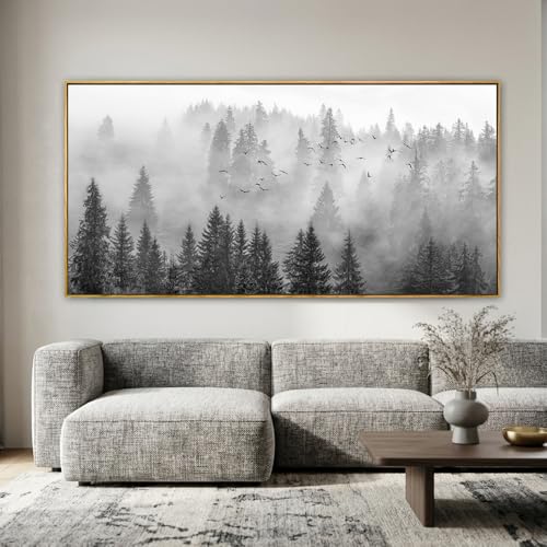 Image of vgrozirh Framed Ready to Hang Wall Art Foggy Forest Black and White Wall Art Nature Landscape Mountain Photographic Printed on Canvas for Bedroom Living Room Office Home Decor 30 inchx60 inch