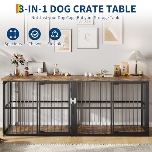 Garvee 87 in Extra Large Double Dog Crate Furniture with Divider, Heavy Duty Indoor Double Dog Cage with 3 Doors, XXL Wooden Pet House TV Stand for 2 Pets, Black+Brown - Image 6