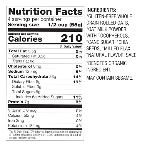 Image of Oatsome Vanilla Coconut Overnight Oats with Flax and Chia, Gluten-Free Organic Oatmeal with 7g of Protein, 7.8oz Bag (Pack of 2)