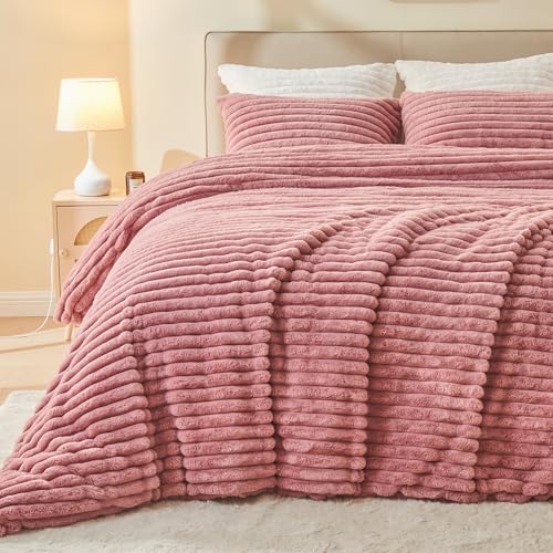 Image of EMME Faux Fur Duvet Cover King Size, 3 Pieces Ultra Soft Fluffy Comforter Cover, Cozy Warm for Winter, Luxury Elegant Shaggy Striped Design Bedding, 1 Duvet Cover & 2 Pillow Shams (King, Old Pink)