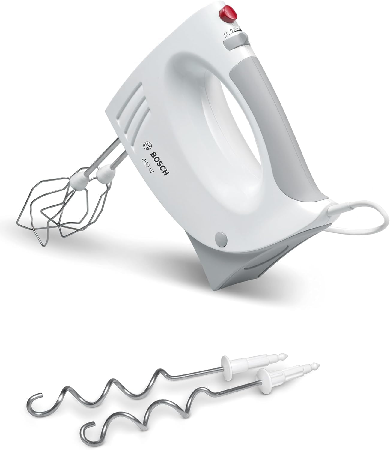Bosch Handrührer MFQ3530, Handrührgerät, 2 Rührbesen, 2 Edelstahl-Knethaken,spülmaschinengeeignet, 5 Stufen, 450 W, weiß