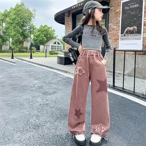 Girls Baggy Jeans Star Patchwork Denim Pants Distressed Boyfriend Jeans Raw Hem Denim Pants Casual Wide Leg Trousers3