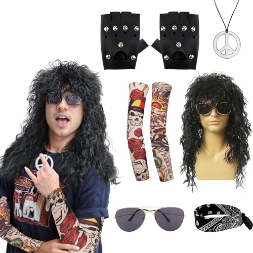 23GUANYI Deguisement Disco Homme, 6 Pcs Costume Carnaval Homme, Costume Rock Déguisement année 70, 80 et 90 avec Perruque Manches Tatouées Bandana Gants Colliers Lunettes Carnaval Cosplay
