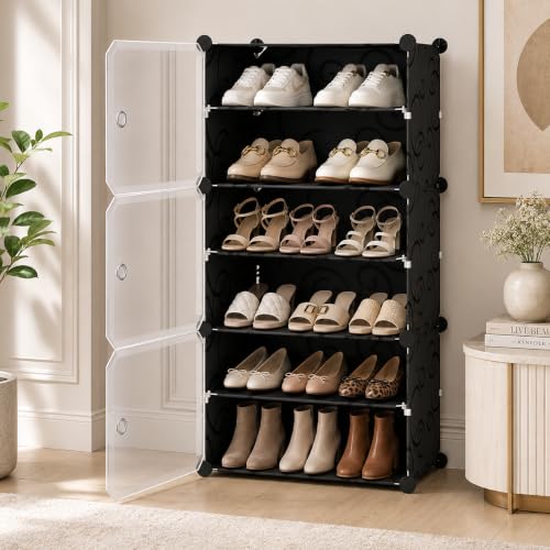 Image of KRISHYAM 6 Tier Shoe Rack with Doors, Foldable Dustproof Shoe Organizer Cabinet, Space Saving Waterproof Shoe Stand for Home, Entryway, Bedroom & Balcony, Black