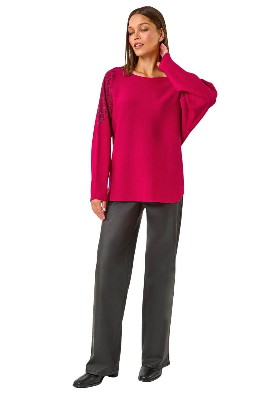 Roman Women's Magenta Leaf Sparkly Batwing Knit Jumper Small