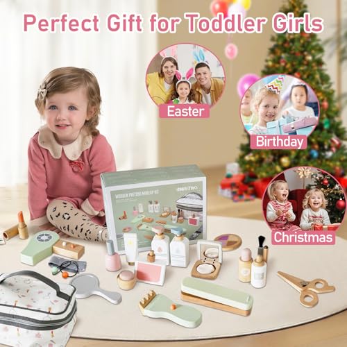 Image of 22PCS Wooden Makeup Toy Set,Toddler Makeup Kit,Cute Fake Makeup Accessories with Storage Bag,Non-Toxic Pretend Roleplay Beauty Salon Toy,Kid Gift for Girl Boy 3 4 5 6(Verified by Transparency)