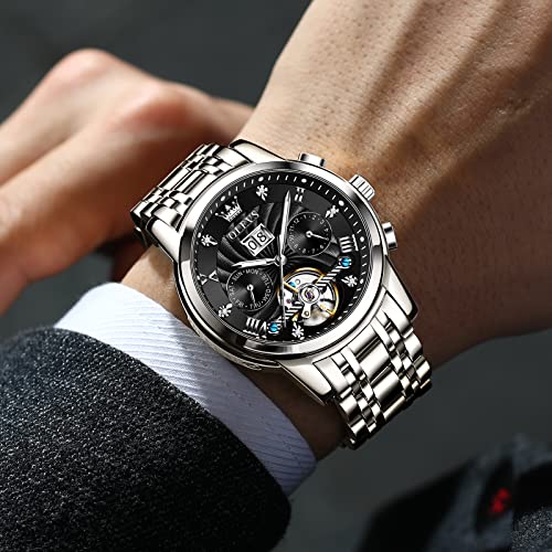 Image of OLEVS Automatic Watches for Men Luxury Mechanical Self Winding Watch Tourbillon Skeleton Watch Business Diamond Waterproof Men Watches Stainless Steel Calendar Wrist Watch Silver /Black /Blue /Gold Face