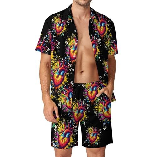 Camisa de botones y pantalones cortos de hombre con estampado de corazones en acuarela