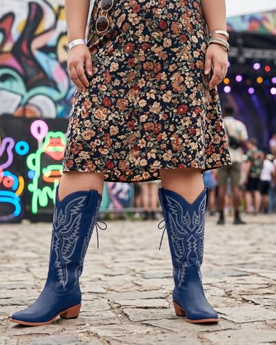 Image of Uillnoodu Wide Calf Cowboy Boots Women Adjustable Lace Up Knee High Tall Plus Size Cowgirl Boots Western Style Comfortable 2-Inch Heel