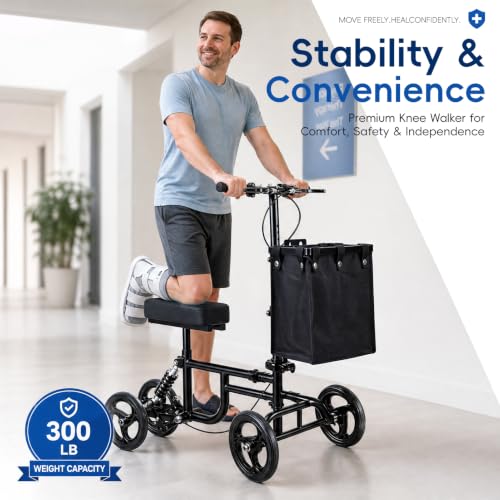 Image of Knee Scooter for Adults for Foot Surgery, All Terrain Knee Walker Scooter for Broken Foot & Ankle Recovery, Foldable Leg Scooters with Foot Rest, Spring Absorber, Large Detachable Storage Bag