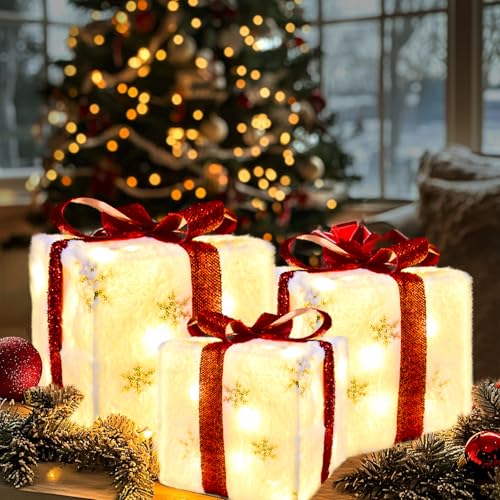 FUN LITTLE TOYS 3PCS Christmas Lighted Gift Boxes, Light Up with White LED Lights and Decorative Mistletoe, Christmas Decorations for Home Indoor Patio Outdoor Garden Lawn FUN LITTLE TOYS 3PCS Christmas Lighted Gift Boxes, Light Up with White LED Lights and Decorative Mistletoe, Christmas Decorations for Home Indoor Patio Outdoor Garden Lawn
