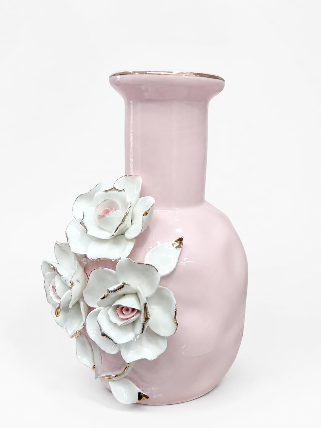 Pink Ceramic Flower Vase with 3D White Rose and Gold Accents | 3D Floral Embossed, Gold Rim Detail, Glossy Finish, Table Centrepiece, Flowers Not Included-image-20