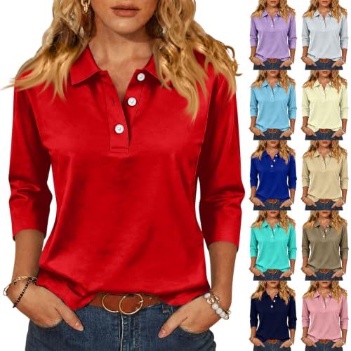 3/4 Sleeve Tops for Women Collared Button Cute Loose Y2K Plain Polo Shirts - image 1