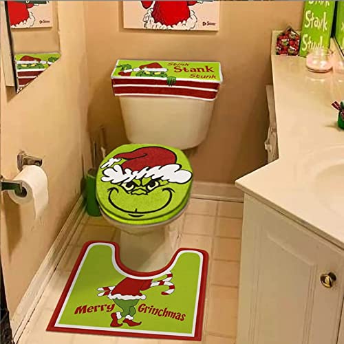 PEVSCO Set mit 4 Weihnachts-Grinch-Badezimmer-Dekor, WC-Sitzbezug und WC-Deckelbezug, Badematten und U-förmiger WC… – Bild 6