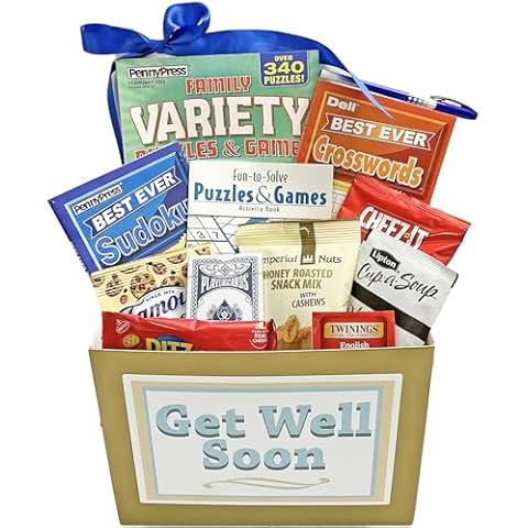 Gifts Fulfilled Comforting Get Well Soon Gift Basket - Care Package for Men, for Women - Food and Puzzle Books Gift Baskets with Crossword, Word Seek, Variety and Sudoku Puzzle Books plus Snacks Variety to Send Post Surgery Gifts for Men, Get Well Soon Gift Baskets for Women After Surgery - Health and Wellness Gift Basket Includes Puzzle Books, Soup, Crackers, Tea and Snacks to Send Feel Better Soon Gift Baskets Assembled in USA in Themed Get Well Gift Box Cover