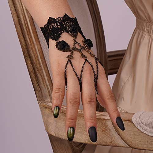 Kercisbeauty Black Rose Floral Lack Bracelet With Finger Ring Gothic Hand Chain Retro Gold Metal Pendant Wrist Chain For Women Girls Halloween Party Jewelry (Style 5) #TOP18
