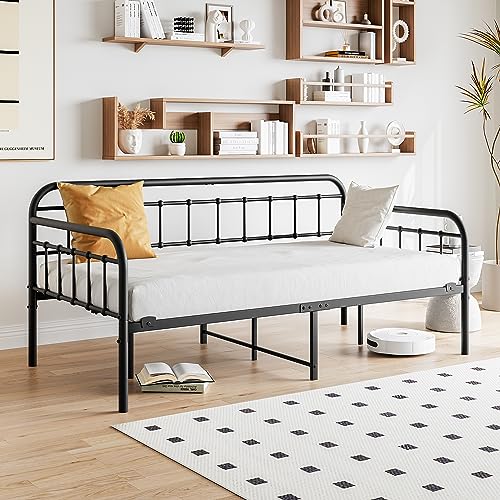 Crocofair Metal Daybed Frame Heavy Duty Slats Sofa Bed Platform Mattress Foundation Twin Daybed No Box Spring Needed(Black Twin)