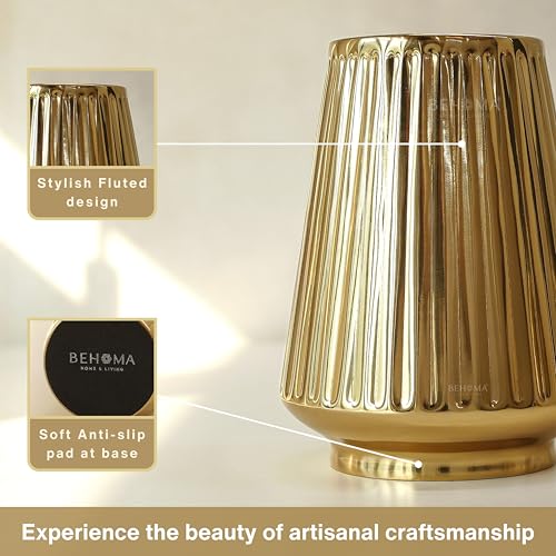 Image of BEHOMA Metal Fluted Column Flower Vase Set, Golden - Set of 2 | Modern Metal flower vase in Gold - for fresh or artificial flower displays for living room - great wedding gift