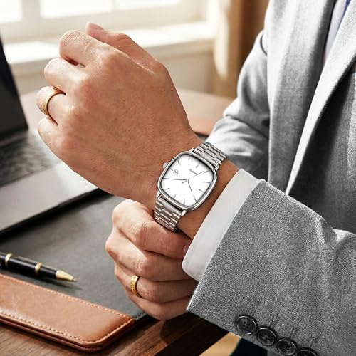 Image of Acnos Luxury Square Dial Quartz Watch for Men & Women - Stainless Steel Bracelet, Minimalist Analog Wristwatch with Date Window Pack of 1