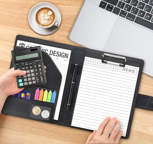 NOTEZMATE A5 Klemmbrett Schreibmappe Mit Magnetschluss, Portfolio Padfoliomit Papier und Stift, Ordner Klemmbrettmappe DIN-A5 aus PU-Leder, Dokumentenmappe Schwarz für Reisen, Büro & Meetings