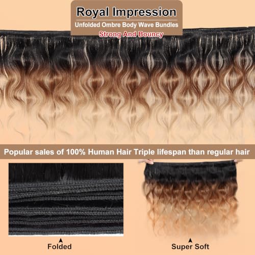 Image of 16A Ombre Body Wave Bundles Human Hair (T1B /30 /27,14 inch 16 inch 18 inch 20 inch) 100% Real Human Hair Triple Lifespan Virgin Human Hair Bundles, Silky Thick Full, Body Wave Human Hair Weave Bundles