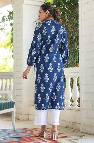 Image of Janasya Women's Pure Cotton Floral Printed A-line Kurta