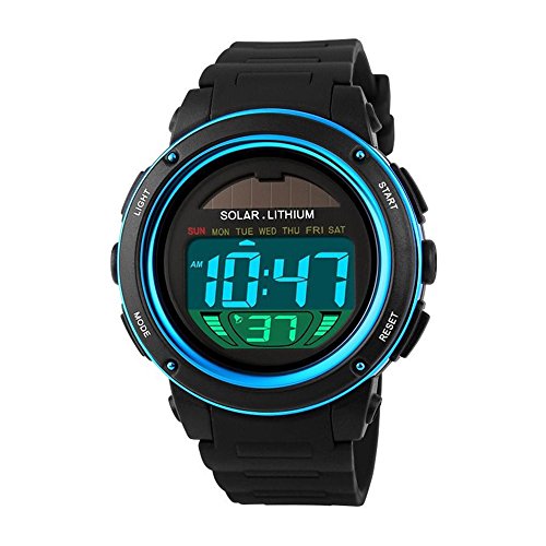 Men's Fashion Sport Digital Wrist Watch Solar Lithium Power 50M Waterproof Watch Blue