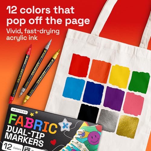 Image of ARTISTRO 12 Dual-Tip Fabric Markers Decorating Kit, Permanent for Clothes | Brush & Fine Tip, Acrylic Paint Pens for Sneakers, Bags, Shoes, Textiles, Canvas, Sewing, Craft, & DIY