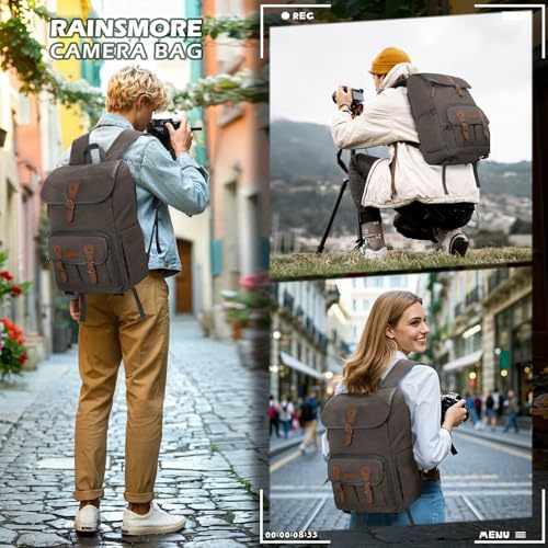 Image of RAINSMORE Camera Backpack, DSLR SLR Mirrorless Camera Bag for Photographer | 15.6 Inch Vintage Canvas Camera Case with Laptop Compartment & Tripod Holder & Rain Cover for Sony Canon Nikon Fujifilm Grey