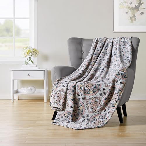 VCNY Decorative Throw Blanket: Colorful Floral Medallion Design Accent for Couch or Bed, Colors: Coral Blush, Yellow, Beige