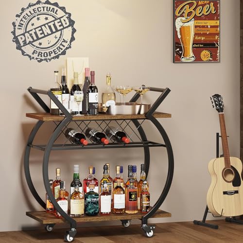 Image of LVB Industrial Bar Cart, Beverage Serving Cart with Wheels, Rustic Brown