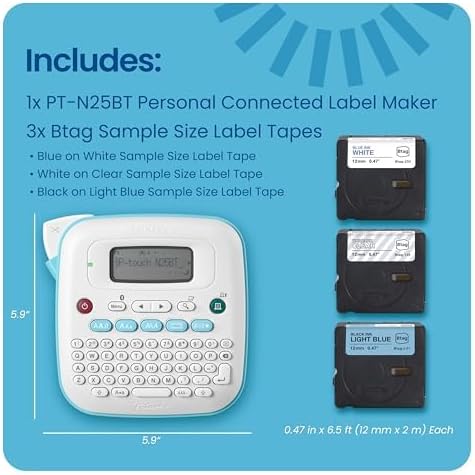 Brother P-Touch -N25BTV3 Personal Connected Label Maker, Bluetooth (Bundle), Design&Print2 app, Portable, Handheld, 3 Sample Label Tapes Included, Prints with Btag½â€ (12mm) Wide Tapes - Image 2