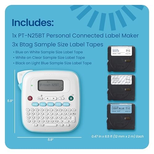 Image of Brother P-Touch -N25BTV3 Personal Connected Label Maker, Bluetooth (Bundle), Design&Print2 app, Portable, Handheld, 3 Sample Label Tapes Included, Prints with Btaga€ (12mm) Wide Tapes