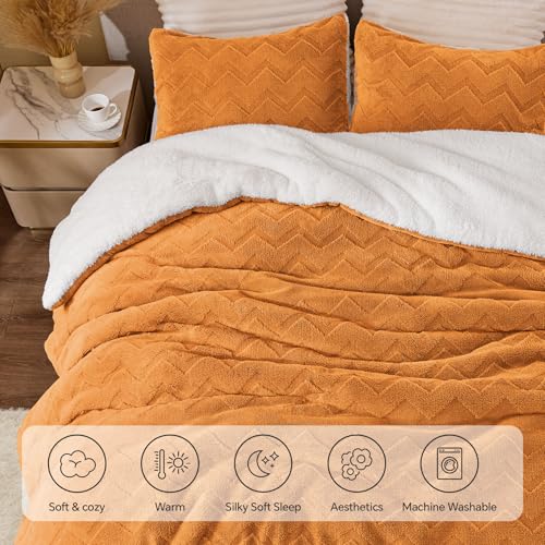 Image of BEDELITE Fluffy Sherpa Queen Comforter Set,Burnt Orange | Super Soft & Warm Fleece Bedding, Luxury Fuzzy Comforter for Winter, Heavy Plush Bedding Set,2 Pillowcases