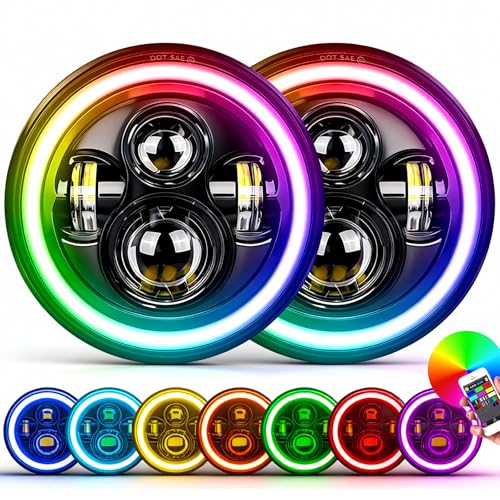 HILLSKING 7 Inch Led halo Headlights Round for Jeep Wrangler JK TJ LJ/Bluetooth APP & Remote Control DOT-Approved Turn Signal Light &High/Low Beam Projector Plug and Play fits H6024 LED Headlight