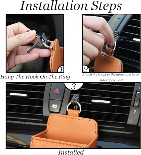 Image of Car Auto Air Vent Leather Tidy Storage Hanging Bag Case Organizer for Keys, Coin, Cell Phone & Glasses. Universal Vehicle Small Bucket with Hook. Keep Your Car Organized | Pack 2 | Black